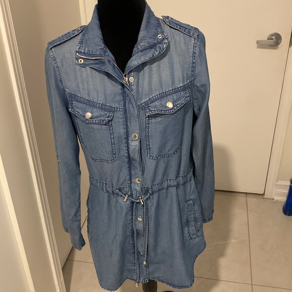 DYNAMITE Women's Mid-length Blue Denim Jacket with drawstring waist Size X-Small